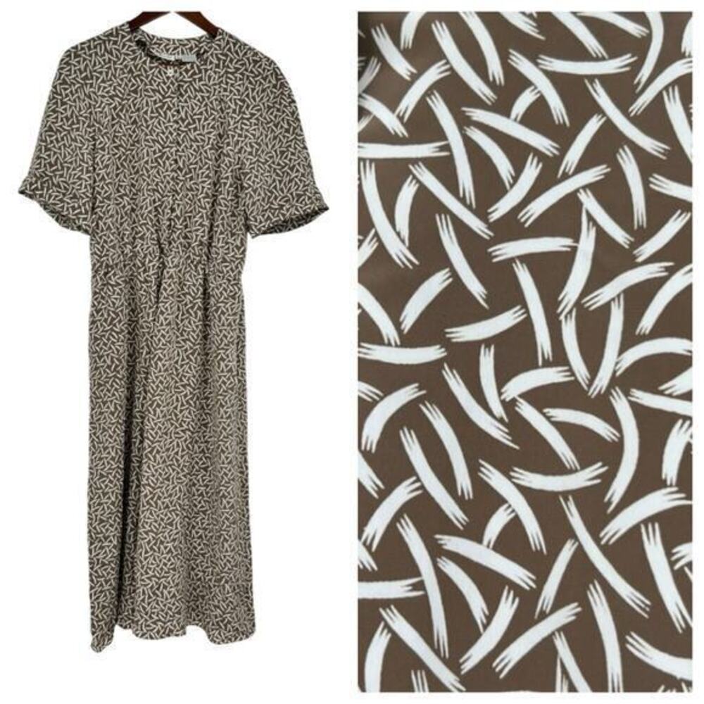 VINTAGE Talbots brown & cream abstract print patterned long dress buttons sz 12